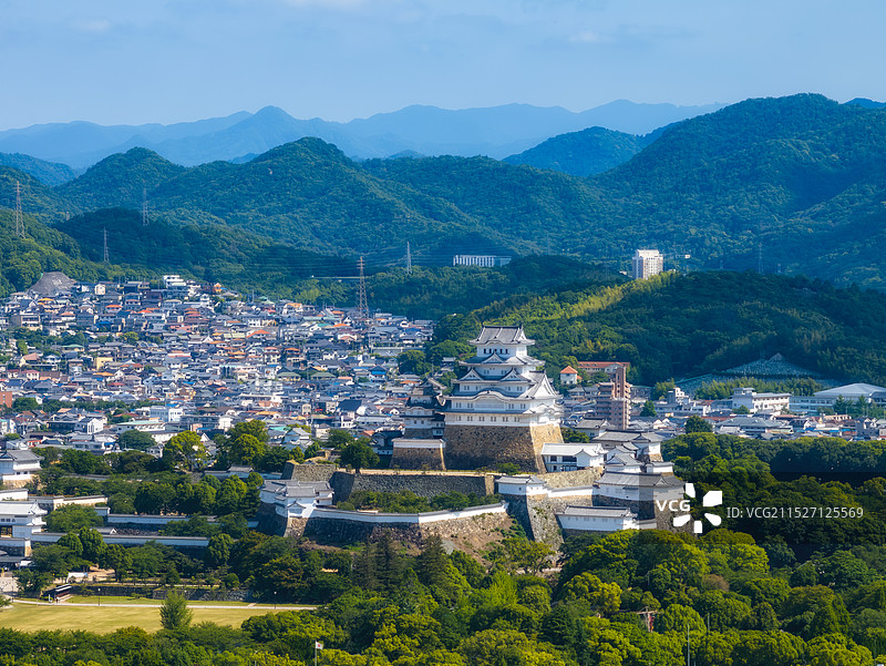霓虹国，兵库县，姬路市，姬山，古城堡，姬路城Himeji-jo，白鹭城，日本第一名城，江户城，航拍图片素材