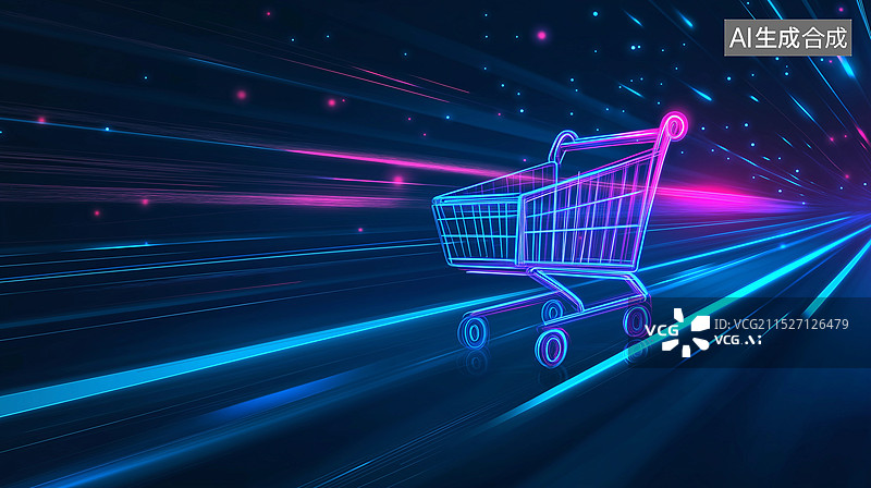 【AI数字艺术】双十一电商购物节主题海报——发光的购物车图片素材