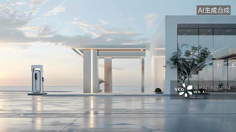 【AI数字艺术】新能源汽车广告背景图, 现代建筑和充电桩图片素材