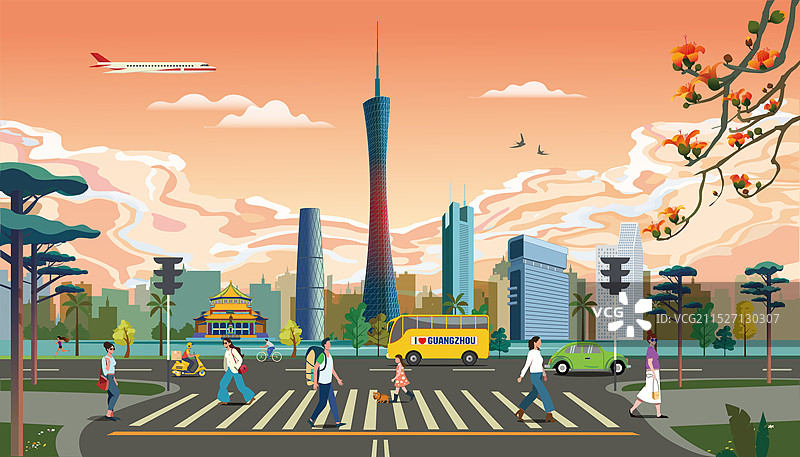 广州城市插画横板暖色图片素材