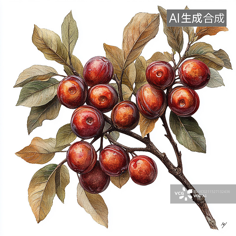 【AI数字艺术】酸枣枝上的酸枣写实风插画图片素材