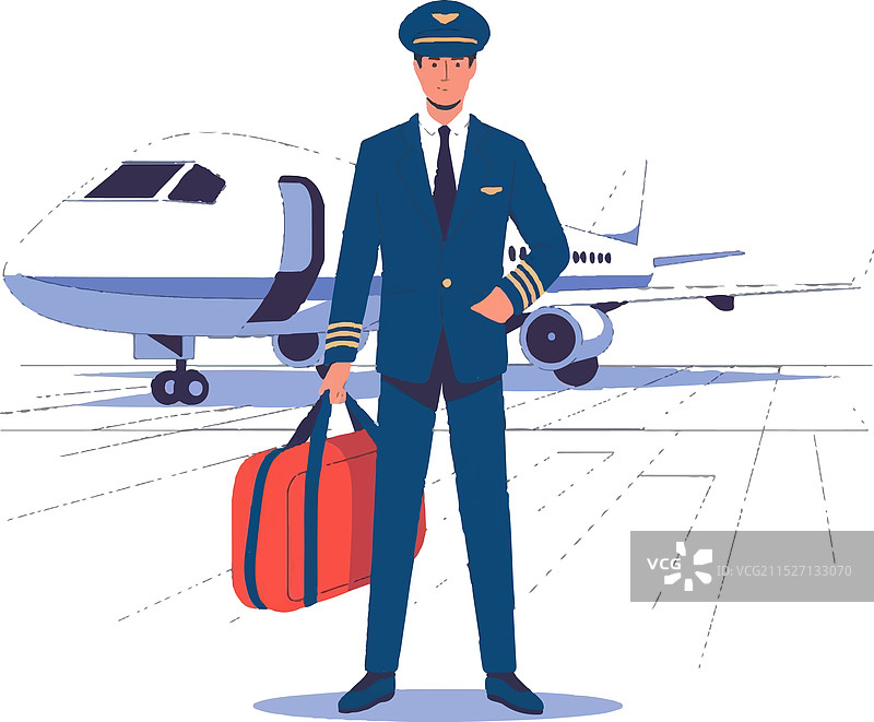 身穿制服站在航空公司前的飞行员图片素材