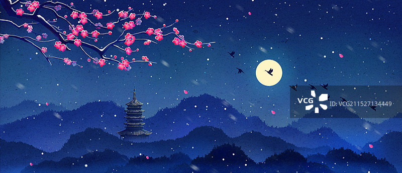冬天西湖雷峰塔夜色梅花雪景古风插画图片素材