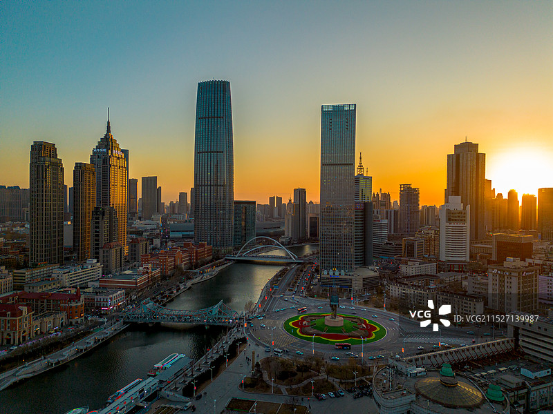 海河世纪钟广场津塔日落时分图片素材