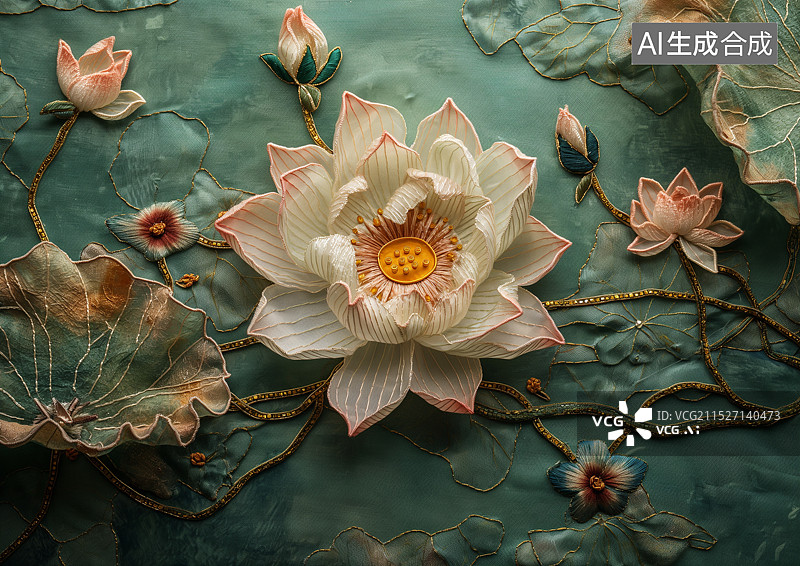 【AI数字艺术】刺绣风格艺术莲花图片素材