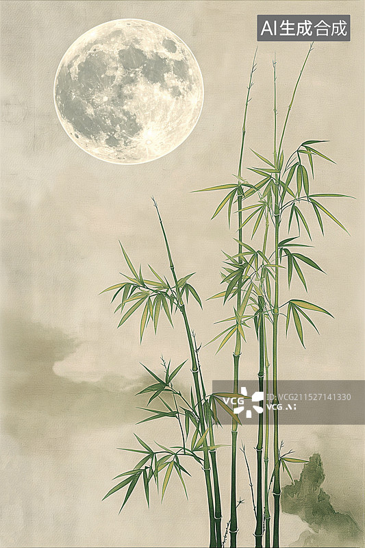 【AI数字艺术】中国风国画一轮明月和竹叶图片素材