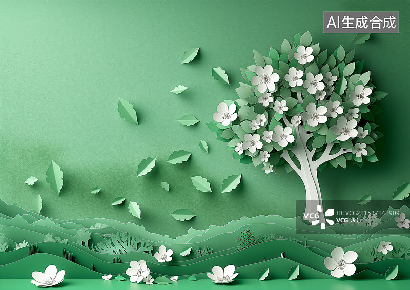 【AI数字艺术】剪纸风格插画草地上一棵高大的树图片素材