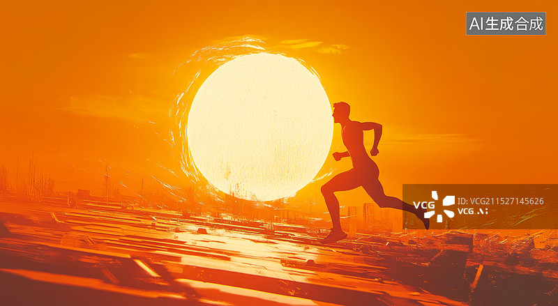 【AI数字艺术】一位在夕阳下奔跑的人影。背景中的太阳呈现出温暖的橙色光芒，与人物的剪影形成了鲜明的对比。图片素材