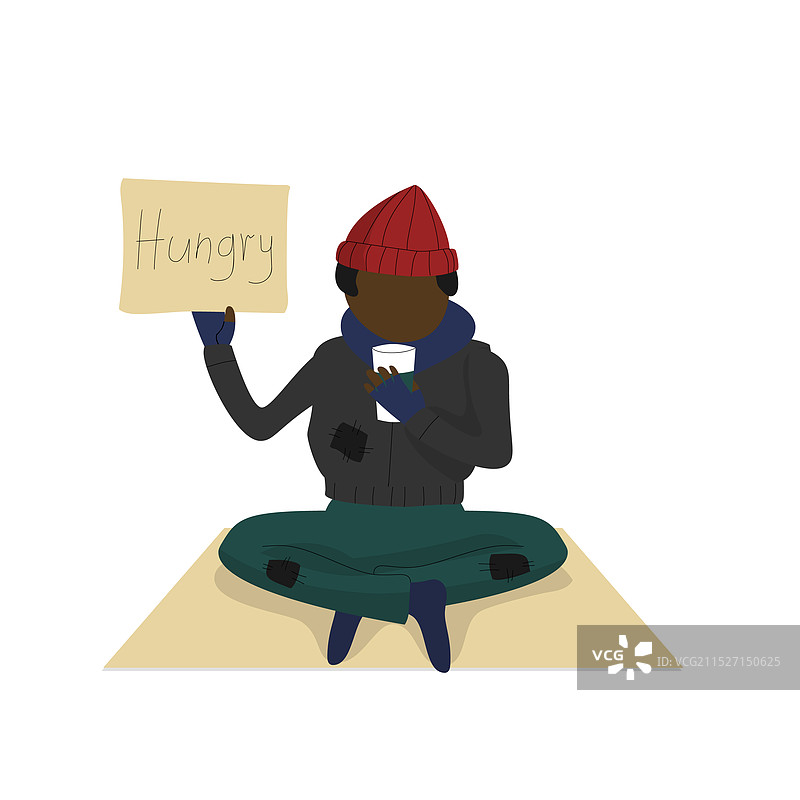 带有“饥饿”字样的黑皮肤流浪汉图片素材