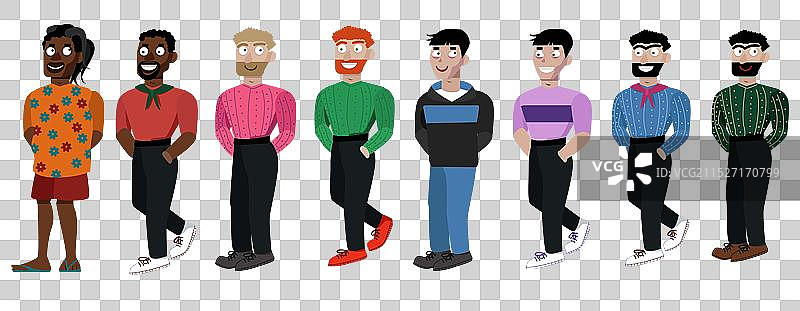 微笑的各国男人趣味卡通人物套装图片素材