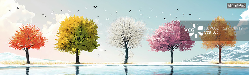 【AI数字艺术】季节变换多彩树木图片素材