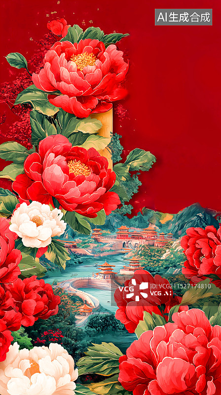 【AI数字艺术】红色开花植物装饰插画图片素材