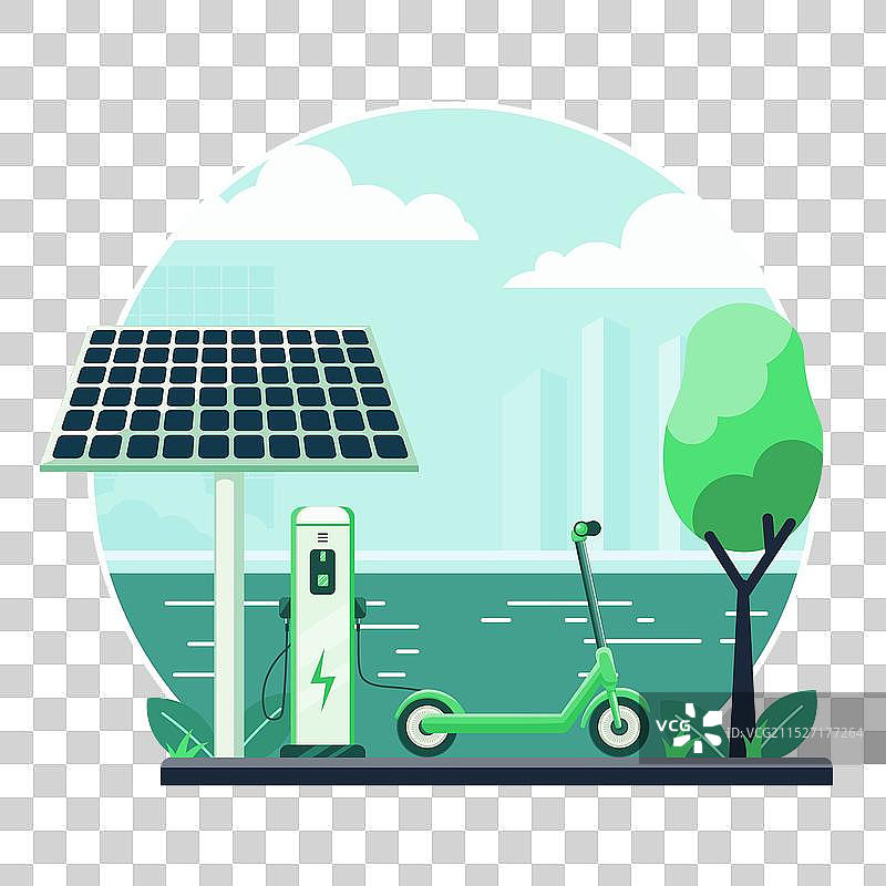 正在充电的电动滑板车与滨水区图片素材