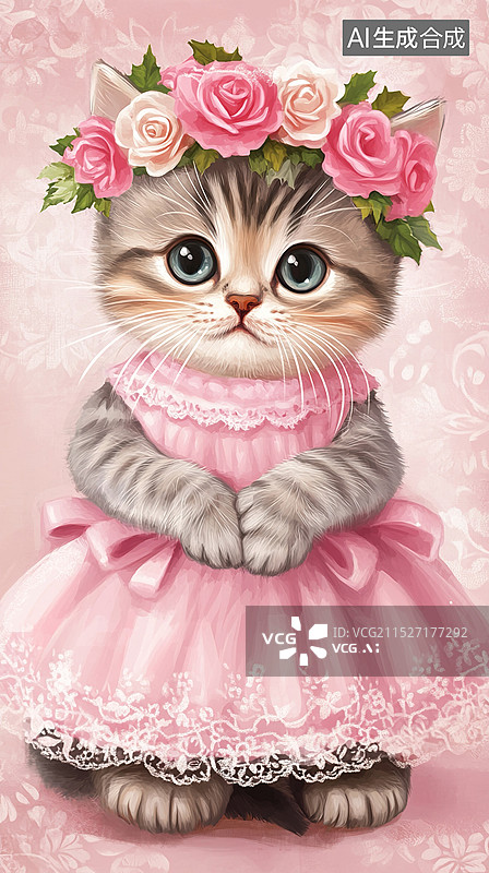 【AI数字艺术】穿粉色裙子带着花圈参加生日派对的可爱小猫创意动物粉色背景图片素材