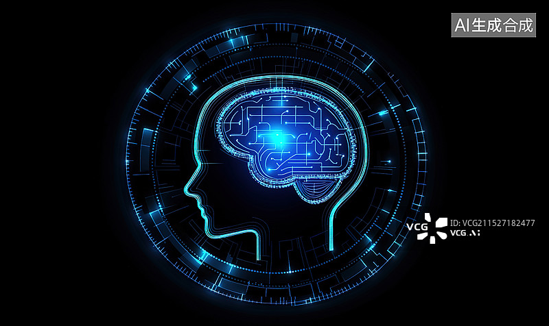 【AI数字艺术】抽象脑机接口科技蓝色背景插画复杂的神经通路，象征认知偏差和复杂的思维过程教育或科学演示图片素材