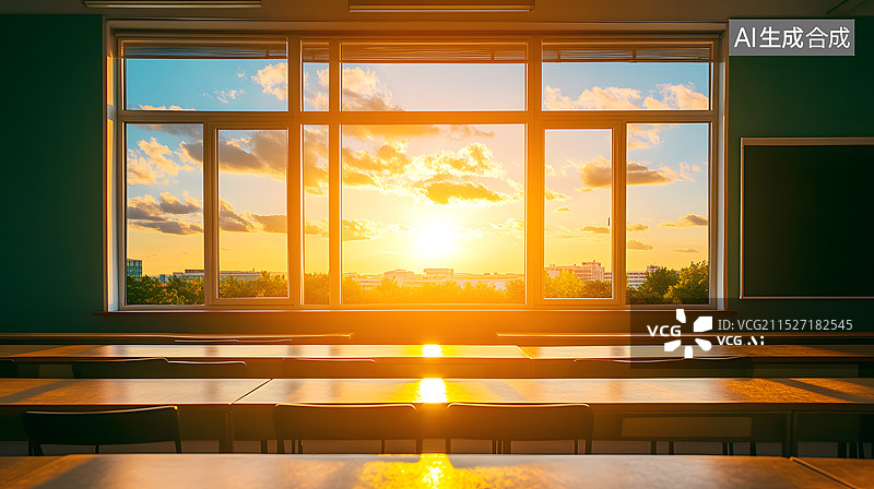 【AI数字艺术】AIGC：日落时整齐教教室的课座椅 背景插图插画图片素材