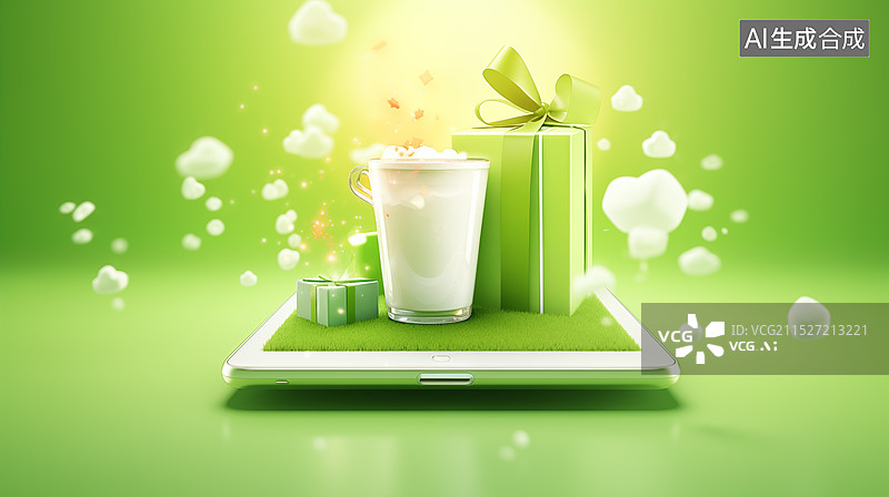 【AI数字艺术】３D移动服务、礼品和购物 3d渲染的手机和礼物包装盒场景图 绿色插画图片素材