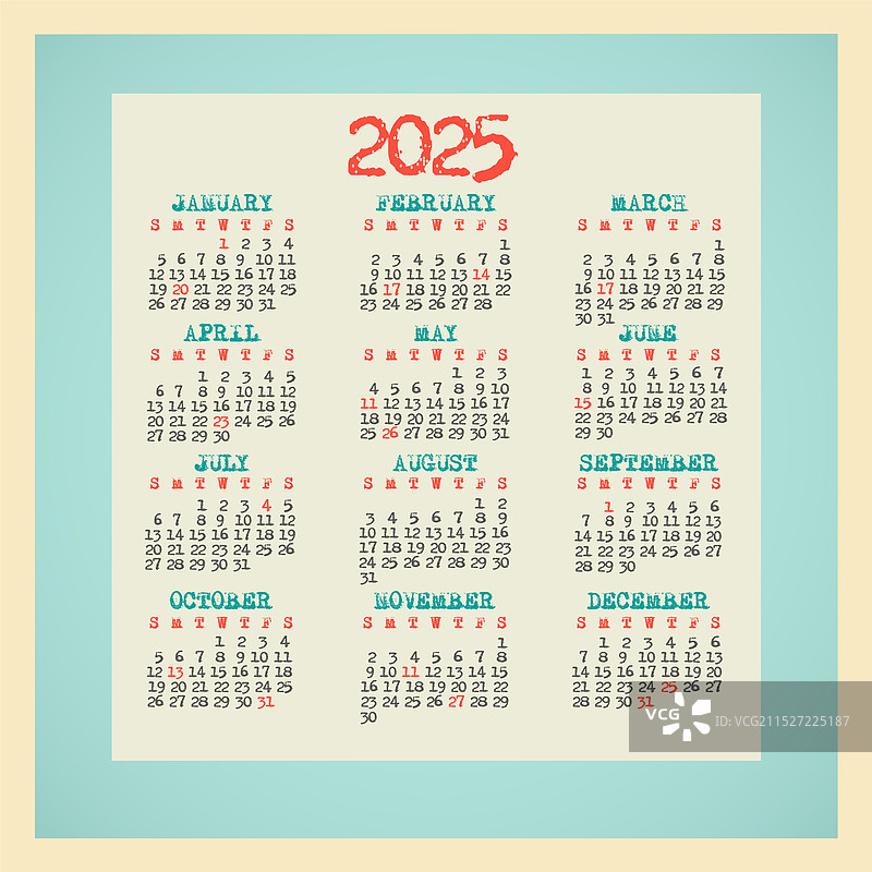 2025年日历复古风格，周日开始图片素材