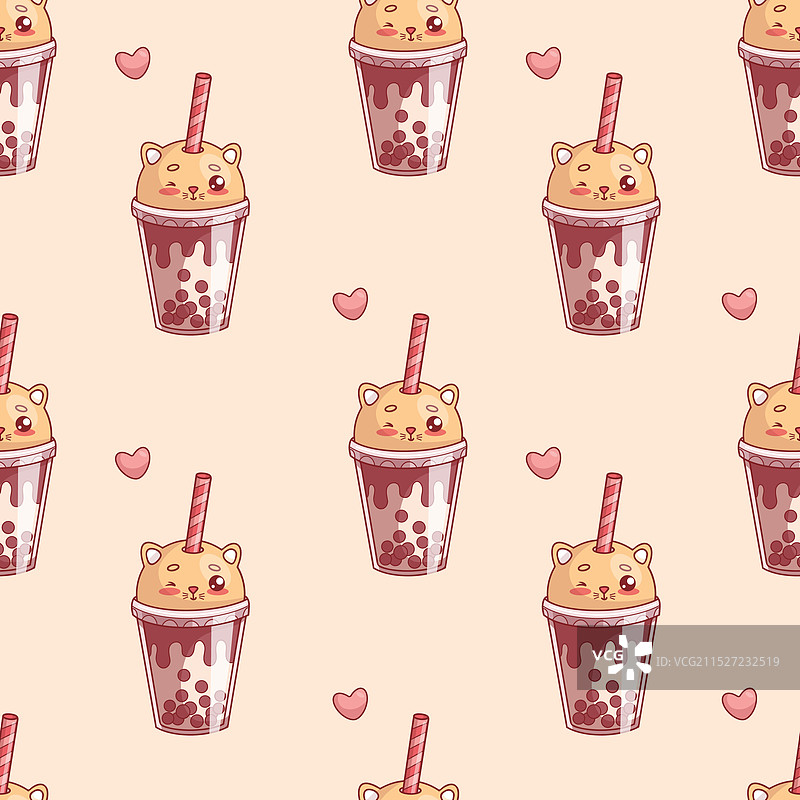 卡通猫咪喝奶茶无缝图案图片素材