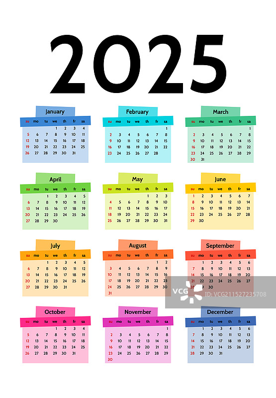 2025年日历，背景为白色，独立展示图片素材