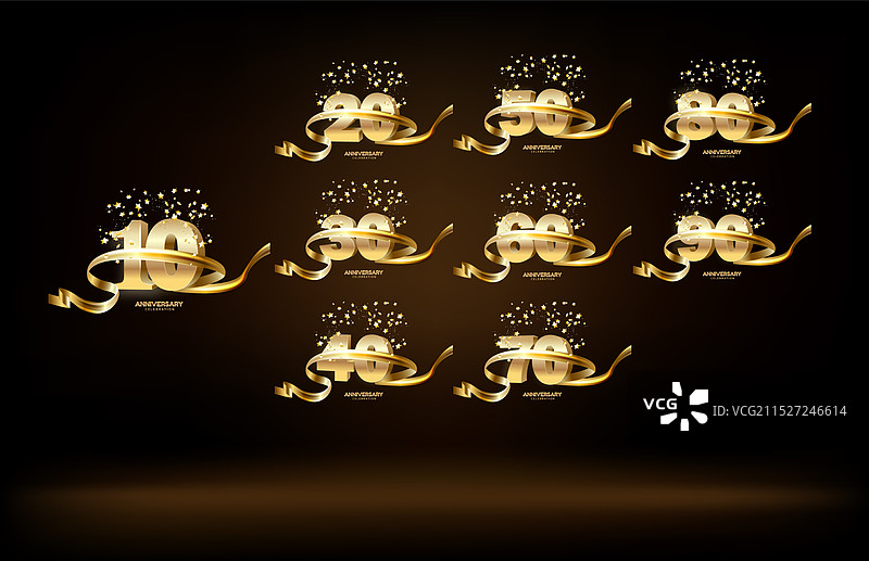 黑色背景上的周年纪念金色标志组合图片素材