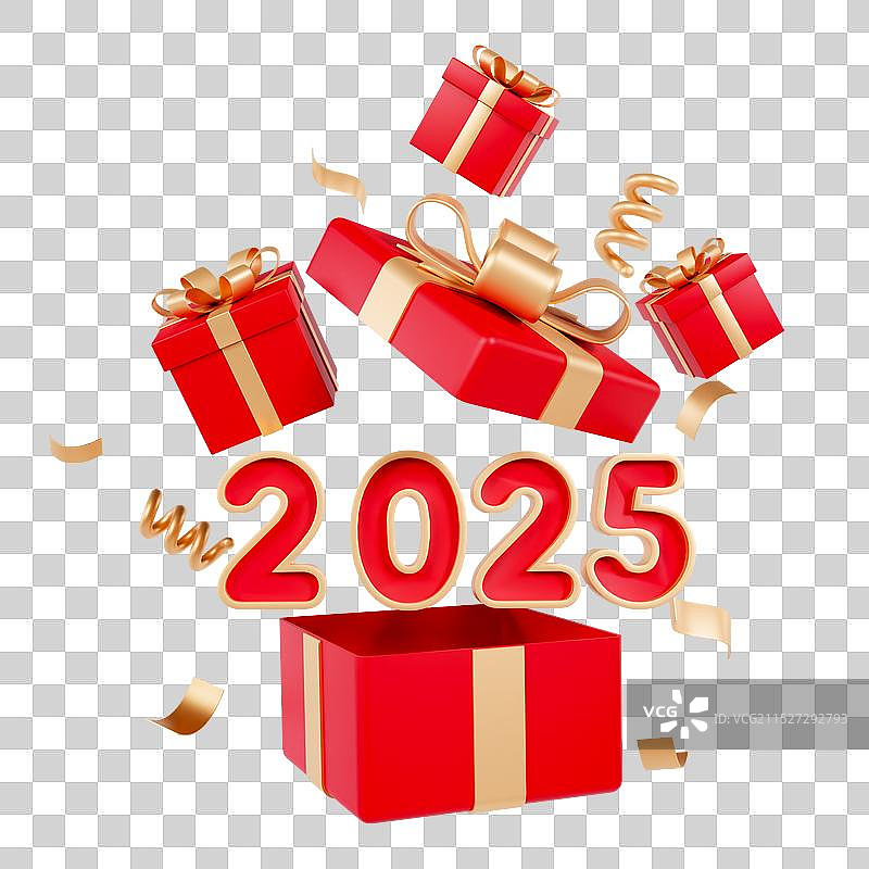 3D打开的礼盒2025数字元旦春节红色礼盒购物电商元素图片素材