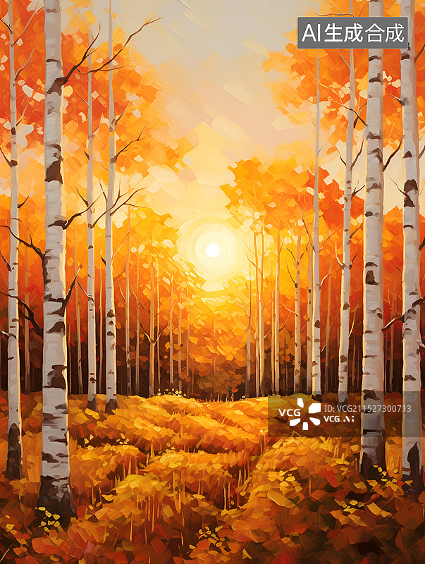 【AI数字艺术】油画秋天的白桦林图片素材