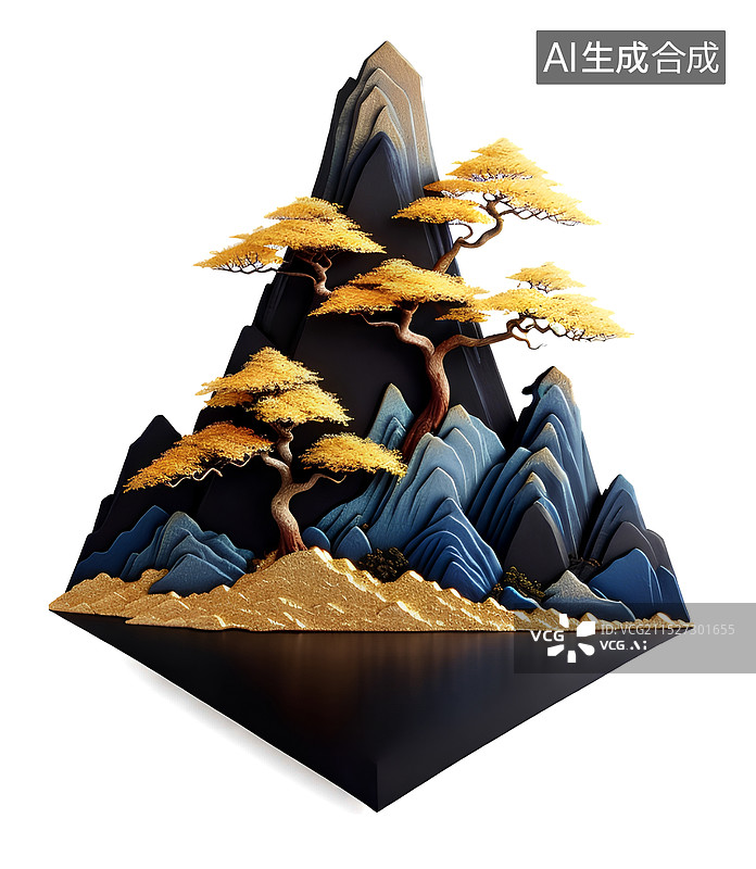 【AI数字艺术】色块艺术国潮装饰画 山上的古树图片素材