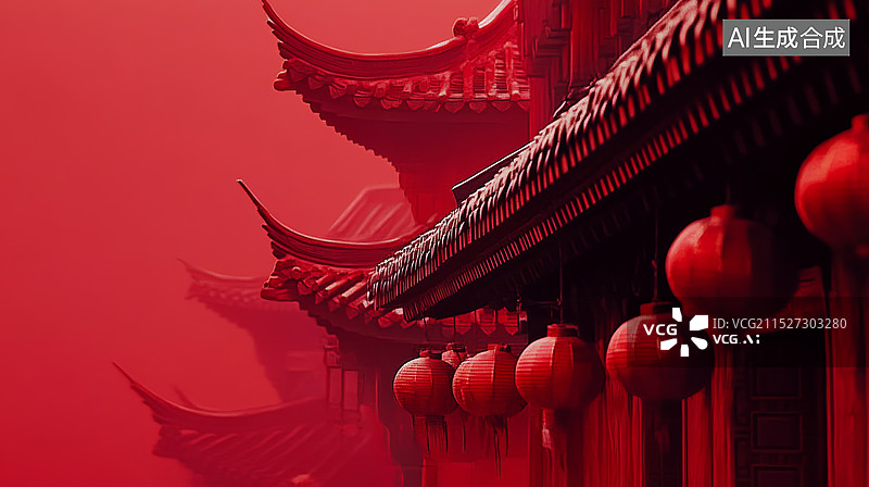 【AI数字艺术】中国新春题材，灯笼，古建筑图片素材