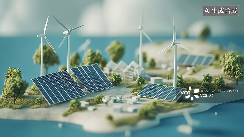 【AI数字艺术】太阳能和风力涡轮机模型图片素材