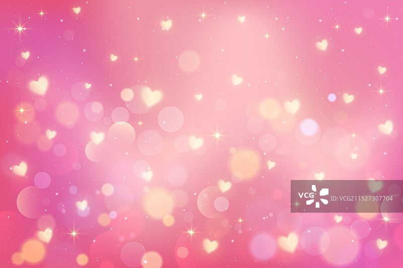 粉色背景，带金色心形和可爱散景图片素材