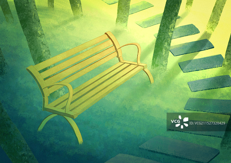 公园里的树木树林台阶石阶空长椅子凳子图片素材