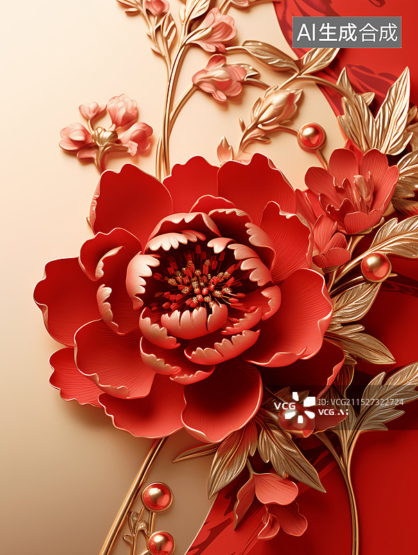 【AI数字艺术】国风立体雕花牡丹富贵春节红包封面图片素材