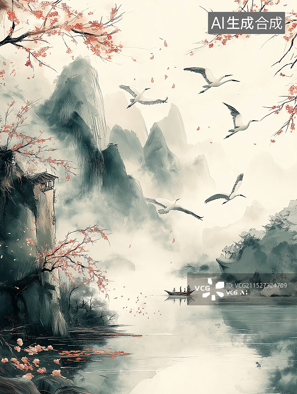 【AI数字艺术】西塞山前白鹭飞，桃花流水鳜鱼肥。图片素材