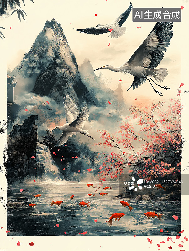 【AI数字艺术】西塞山前白鹭飞，桃花流水鳜鱼肥。图片素材