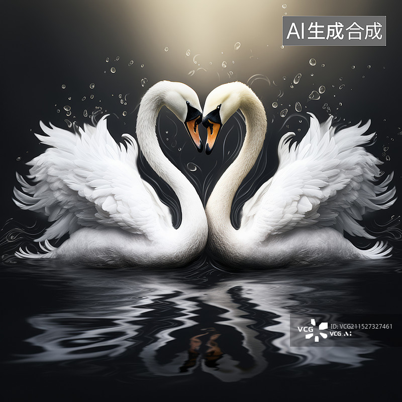 【AI数字艺术】黑色背景下的一对白天鹅图片素材