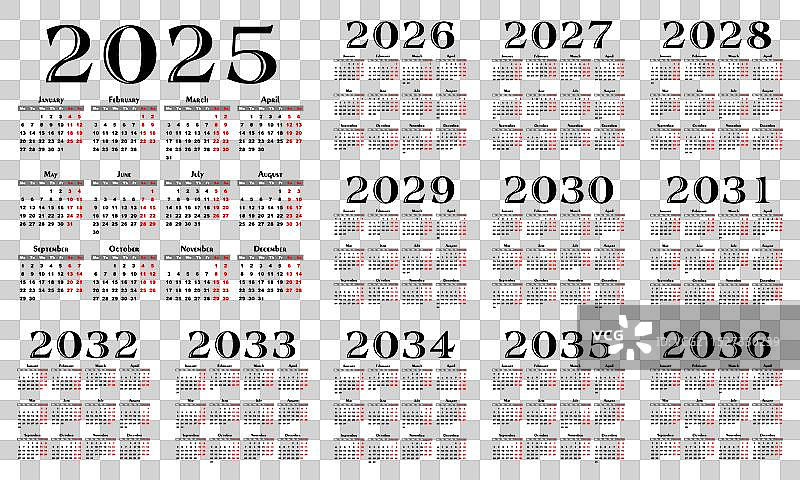 2025年至2036年日历模板图片素材