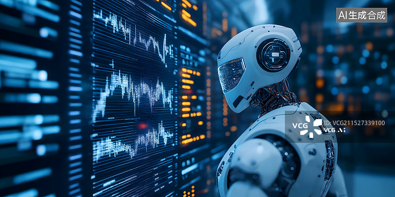 【AI数字艺术】智能机器人分析股市走线图金融插画图片素材