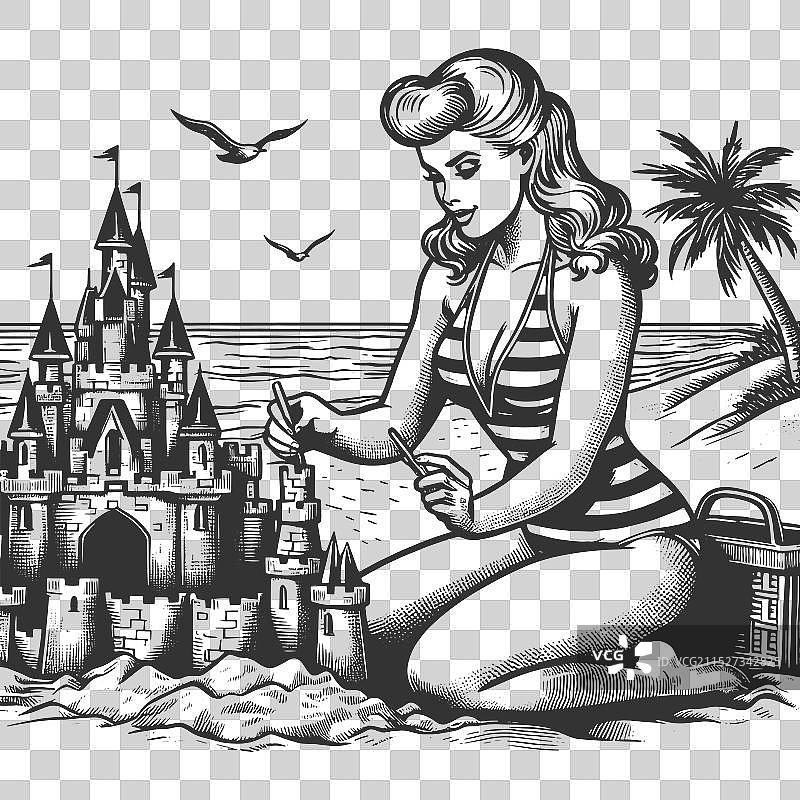 女人堆沙堡的海滩场景图片素材