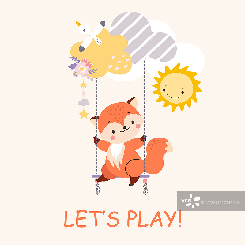 卡通狐狸在秋千上玩耍图片素材