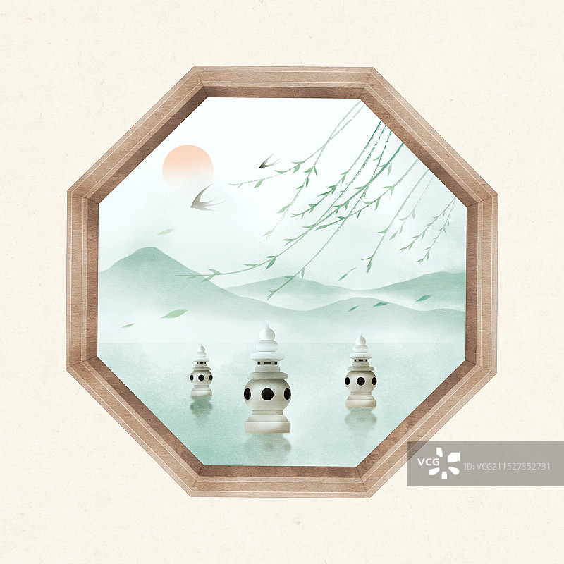 三潭印月西湖国风插画图片素材