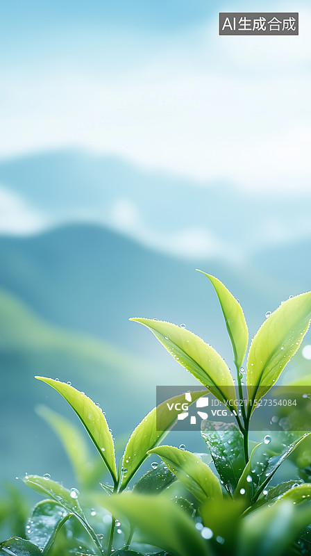 【AI数字艺术】高山上的新鲜绿色茶叶特写图片素材