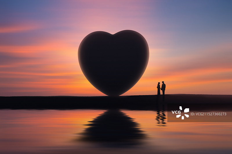 浪漫的日出日落爱心情侣剪影图片素材