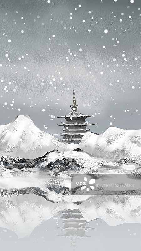 冬天古建筑手绘插画图片素材