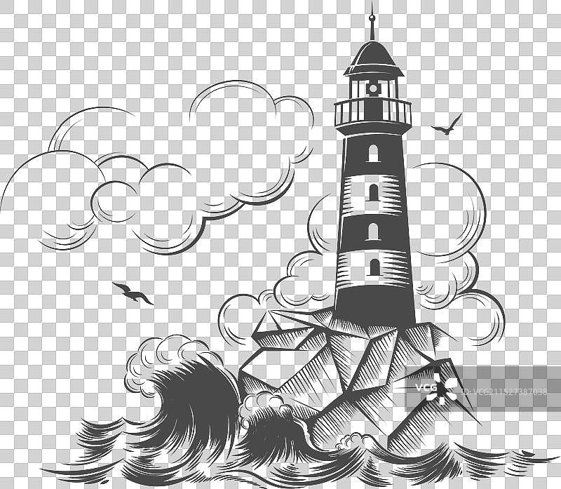 黑白灯塔剪影图片素材