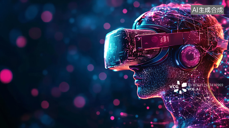 【AI数字艺术】戴着VR眼镜的女性，元宇宙虚拟现实技术概念图片素材