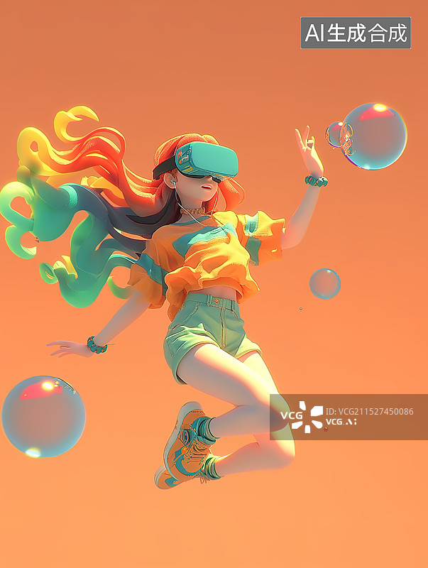 【AI数字艺术】带着VR眼镜在游戏互动的时尚女孩3D风格图片素材