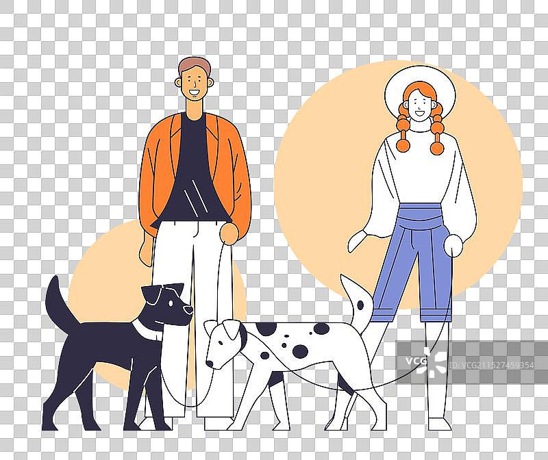 情侣遛狗，男人穿着橙色夹克图片素材