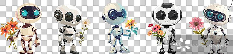 拿着鲜花的可爱机器人聊天机器人图片素材