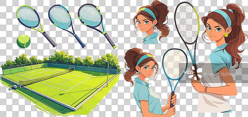 在网球场上的女孩，手持球拍图片素材